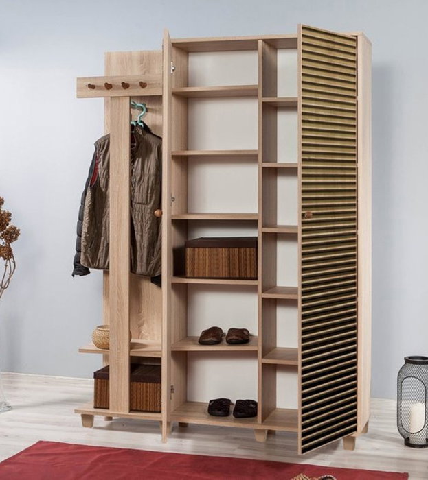 Hanah Home 135-220 Mueble de Entrada con Perchero y Estanterías, Roble Sonoma, Ancho 135cm x Alto 192cm x Fondo 36cm